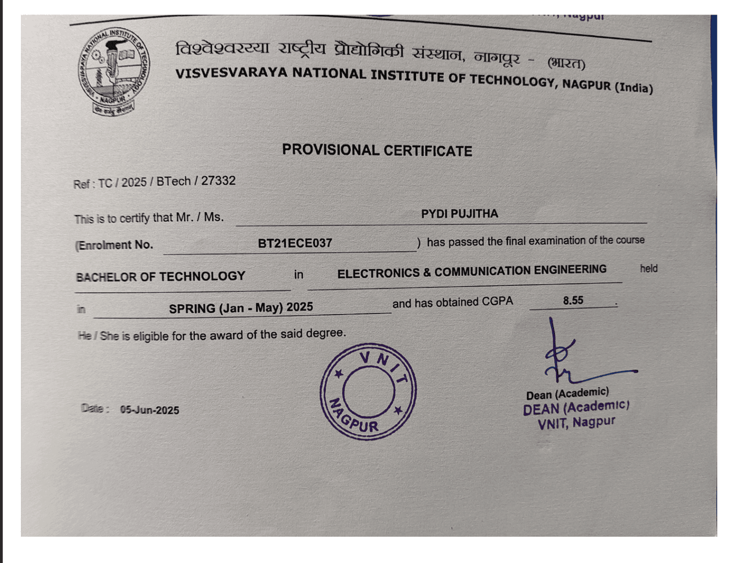 PYDI graduated from VNIT NAGPUR