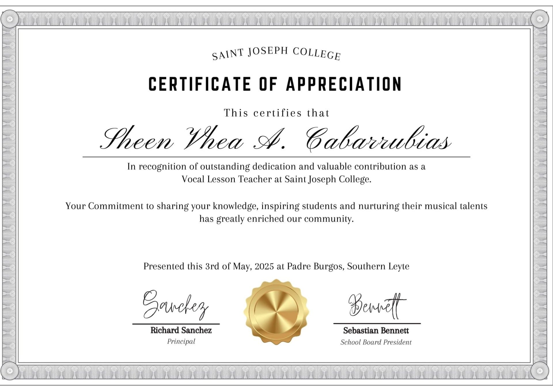 Sheen Vhea graduated from Saint Joseph College