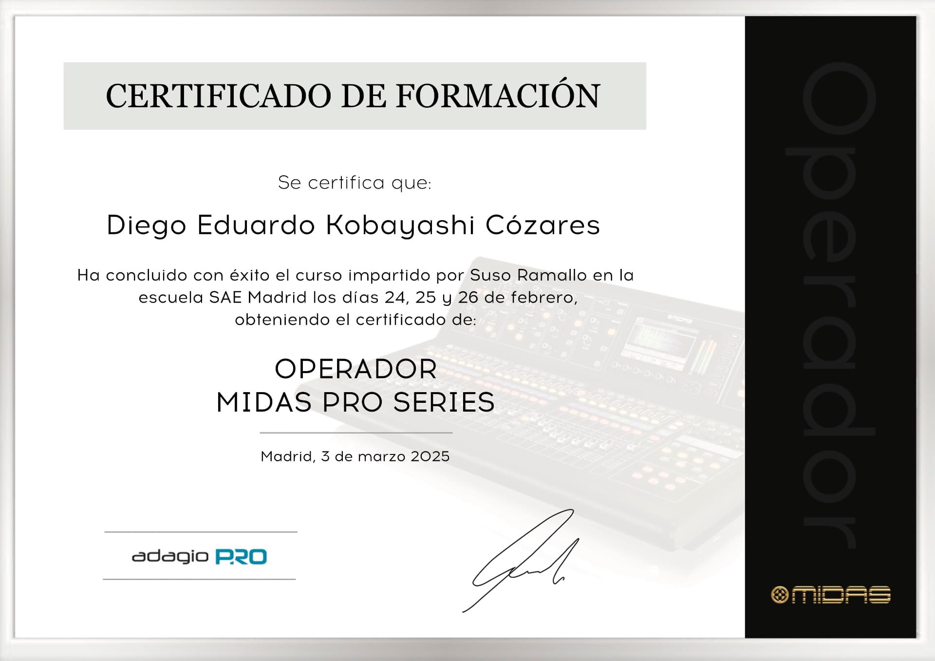 Diego graduated from SAE INSTITUTE