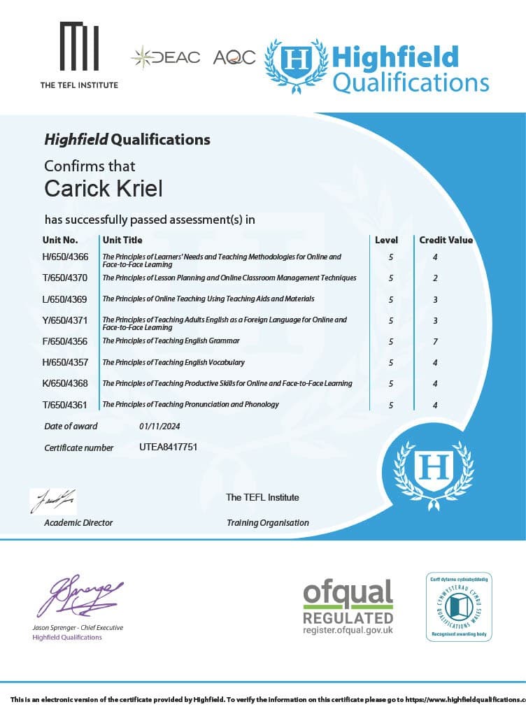 Carick graduated from TEFL Institute