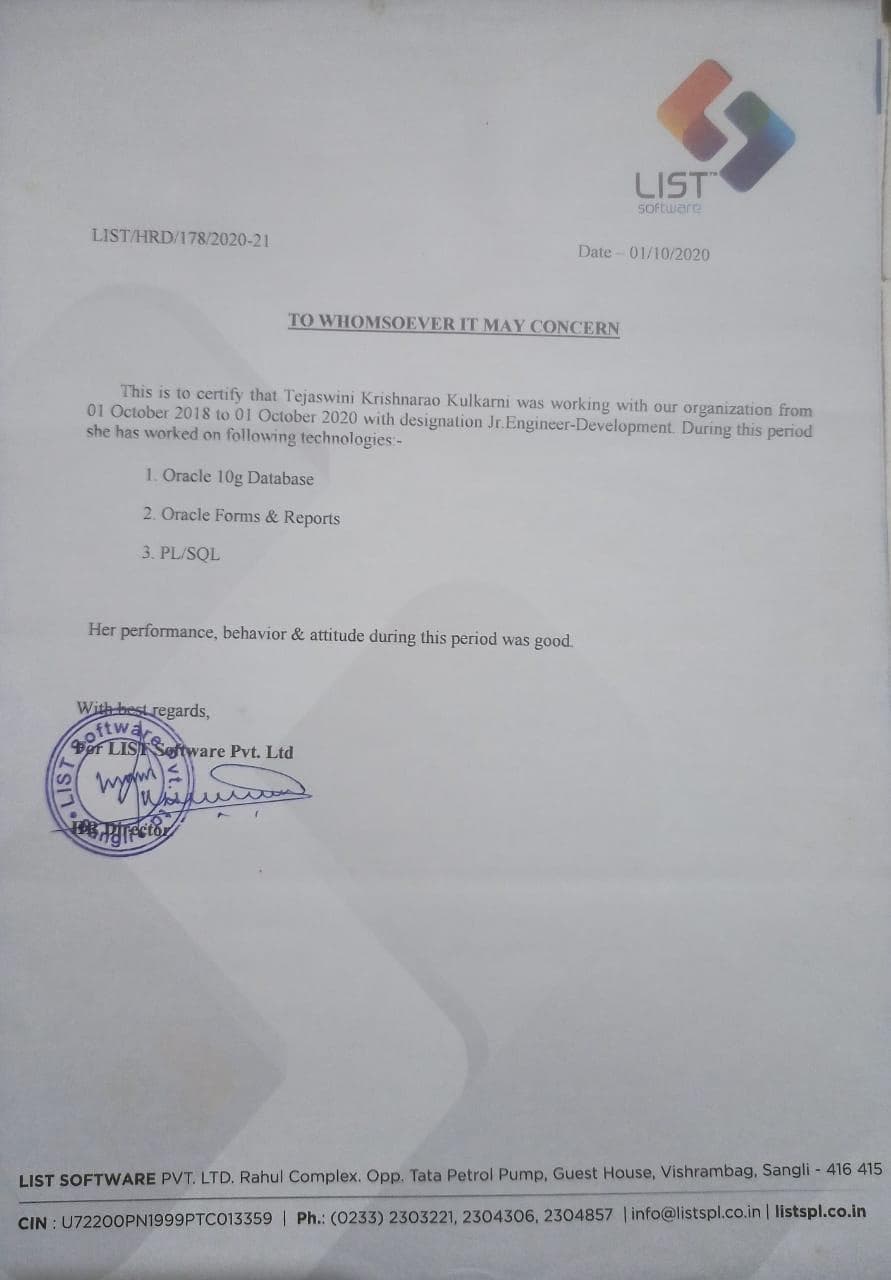 Tejaswini graduated from Shivaji University