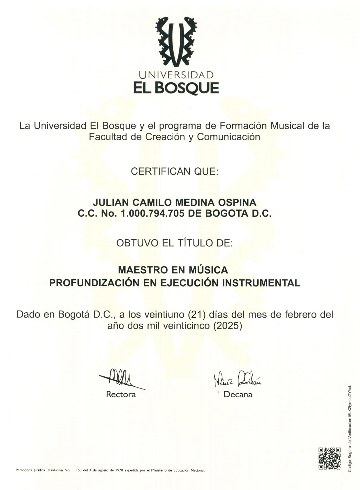 Julián graduated from Universidad El Bosque