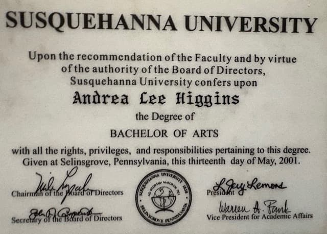 Andrea Lee graduated from Susquehanna University