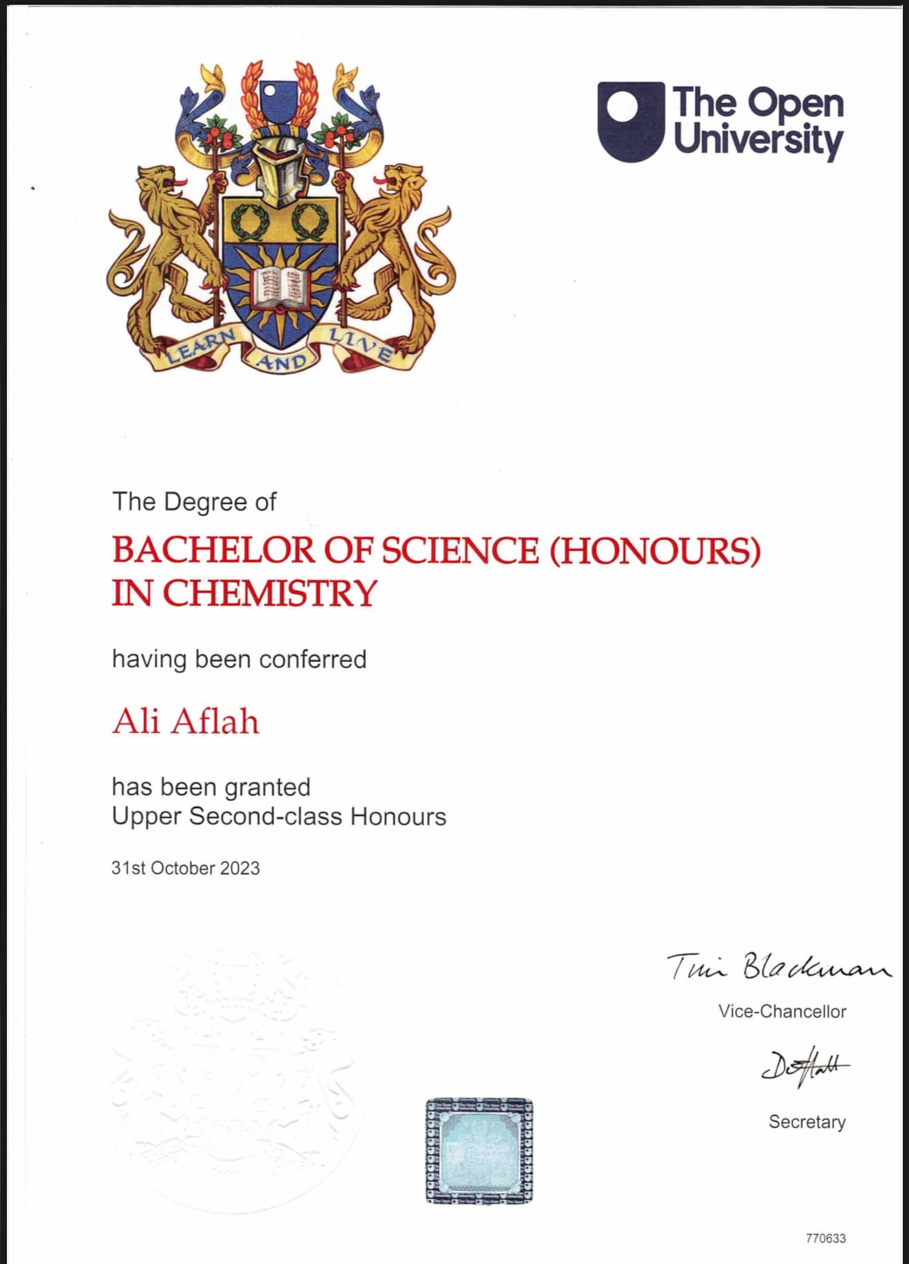 Ali graduated from The Open University UK