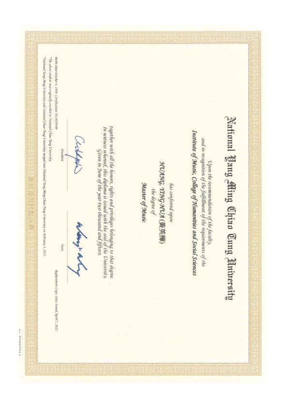Ying-Hua graduated from Music Institute/National Yang Ming Chiao Tung University