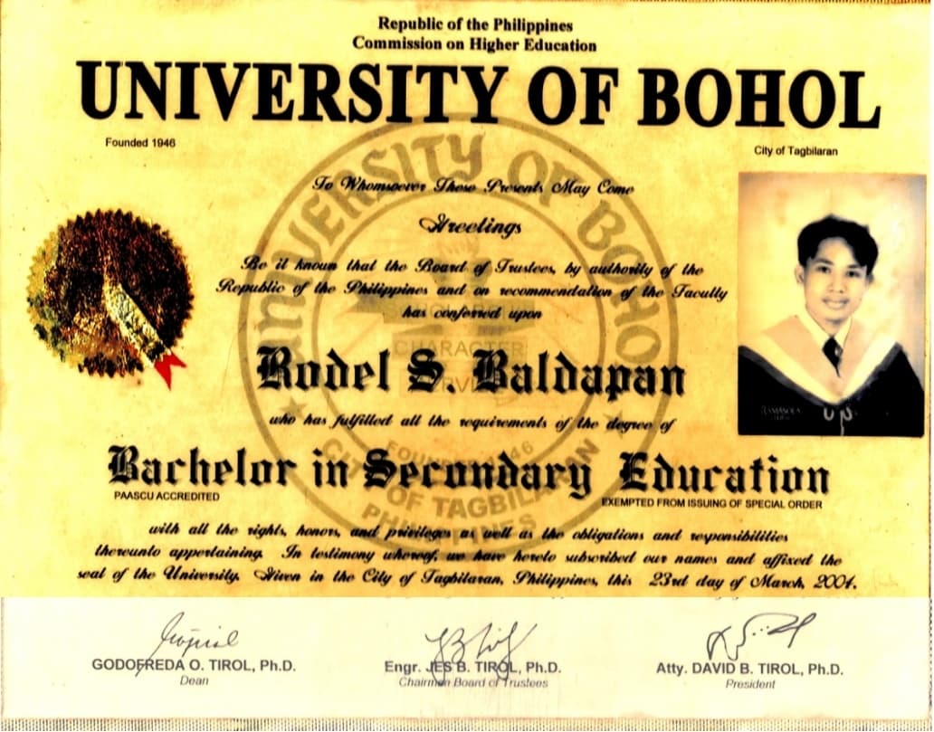 Rodel graduated from University of Bohol