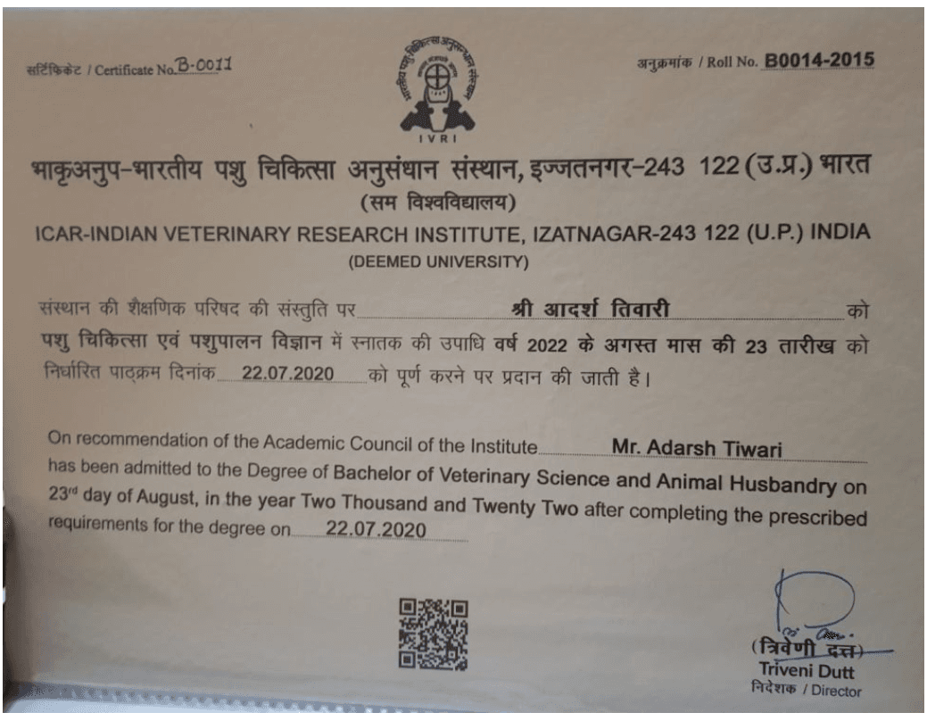 Dr. Adarsh graduated from Indian Veterinary Research Institute