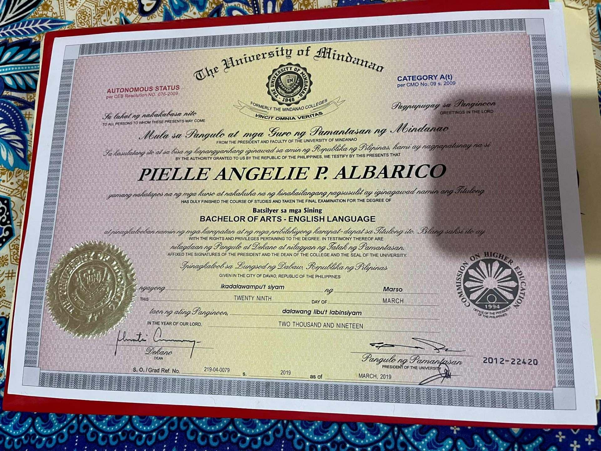 Angelie graduated from University of Mindanao