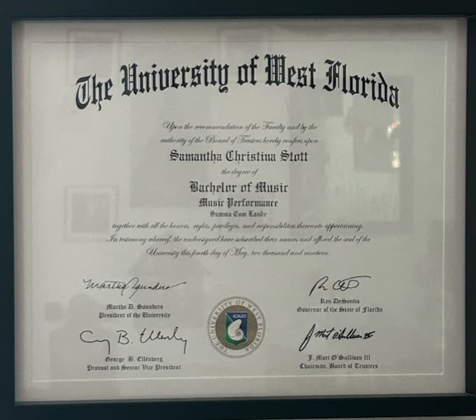 Samantha graduated from University of West Florida
