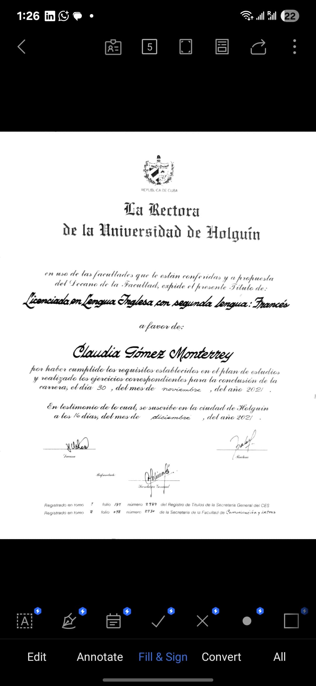 Claudia graduated from University of Holguín