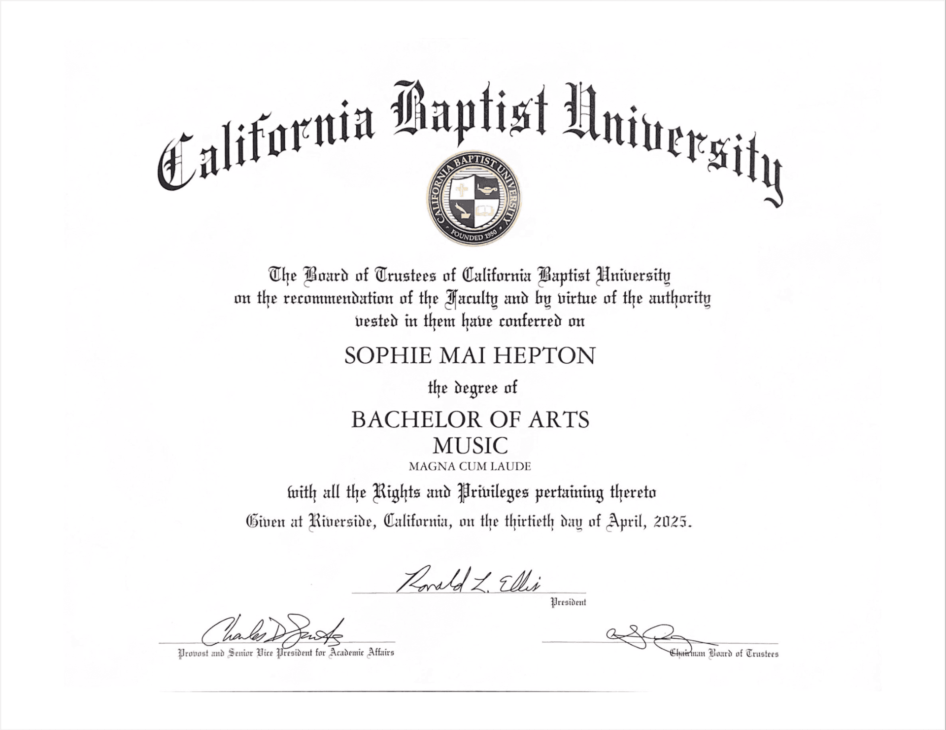 Sophie graduated from California Baptist University