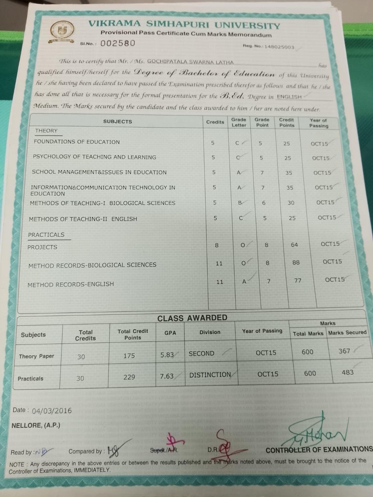 Swarna graduated from Vikrama simhapuri university