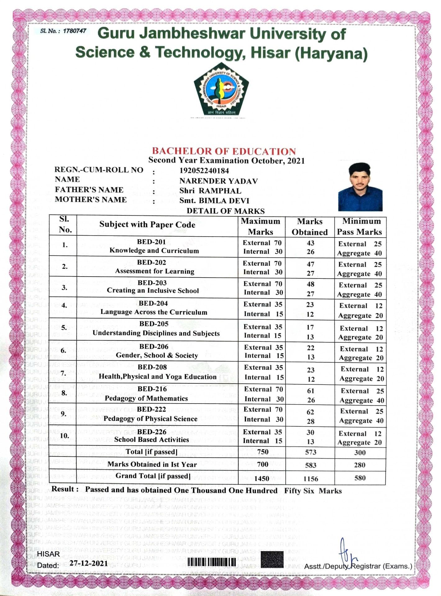 Narender graduated from DCRUST Murthal