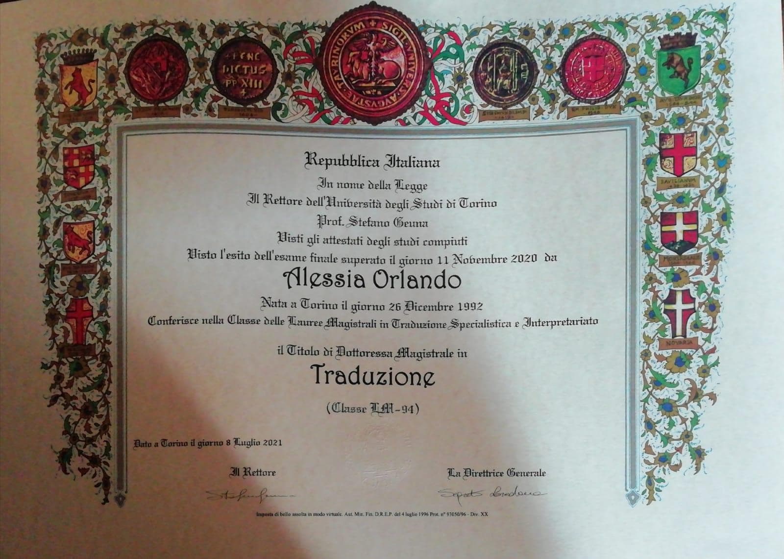 Alessia graduated from Università degli Studi di Torino