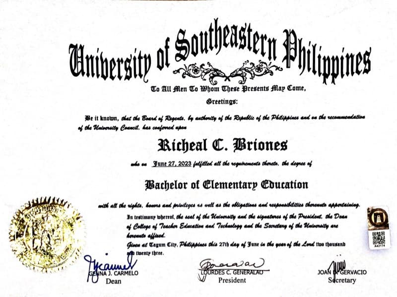 Richeal graduated from University of Southeastern Philippines