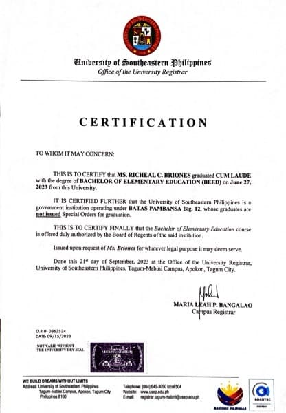 Richeal graduated from University of Southeastern Philippines