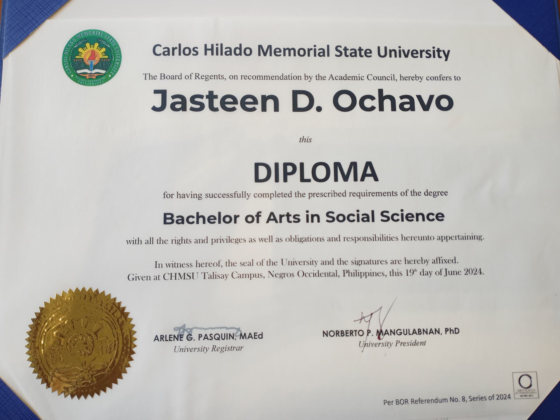 Jasteen graduated from Carlos Hilado Memorial State University