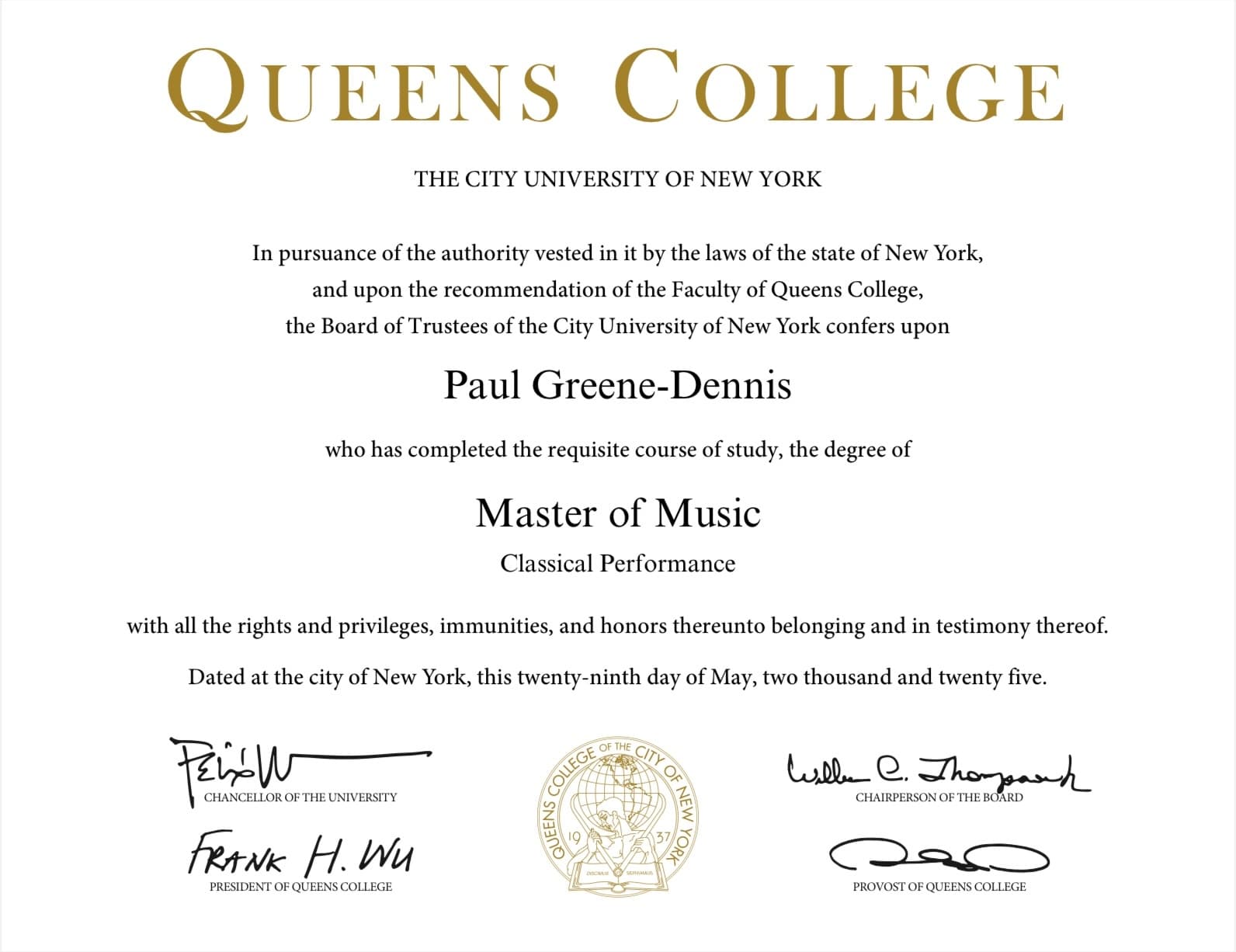 Paul graduated from Queens College