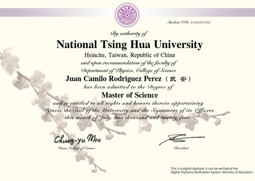 Juan Camilo graduated from National Tsing-Hua University