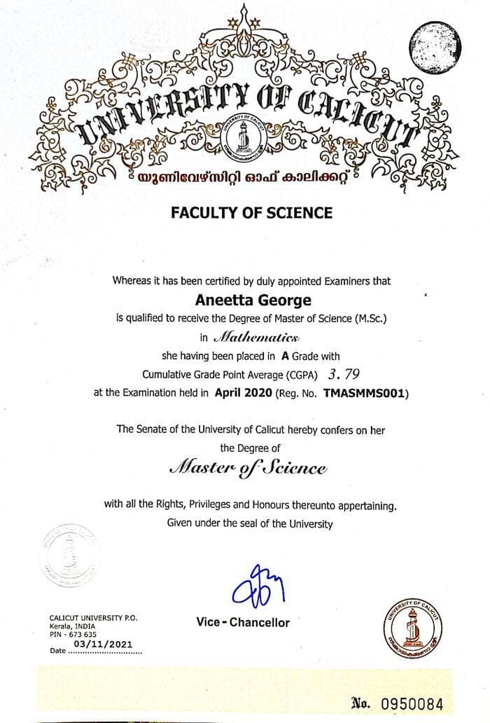 Aneetta graduated from University of Calicut