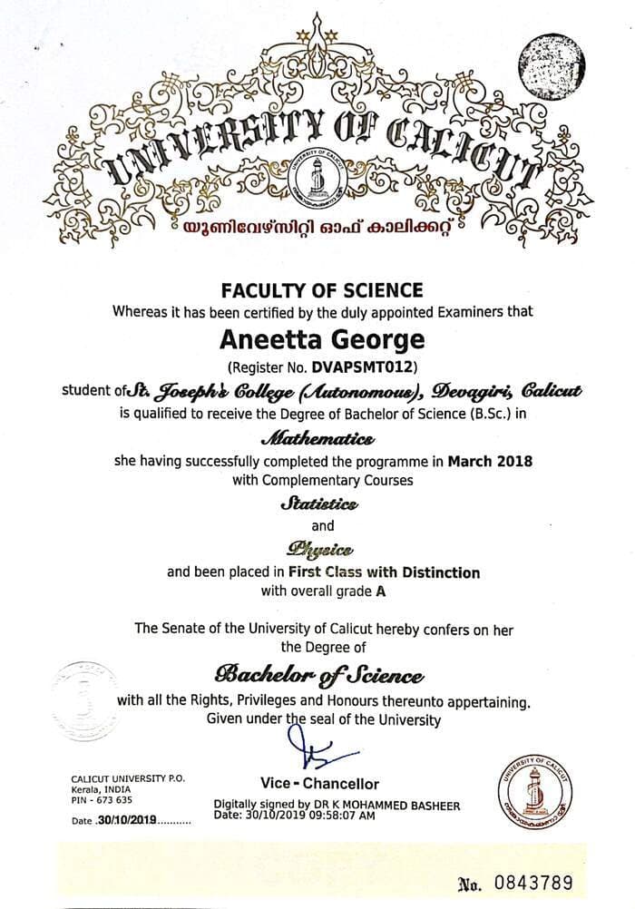Aneetta graduated from University of Calicut