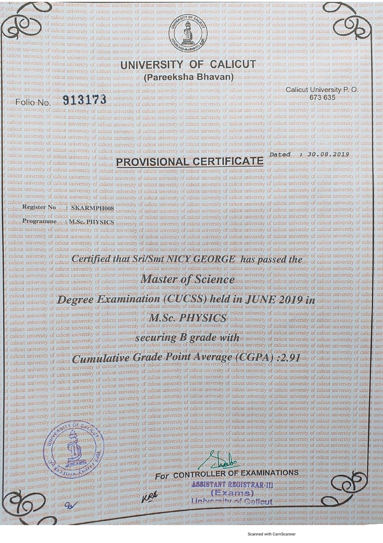 Nicy graduated from Calicut University