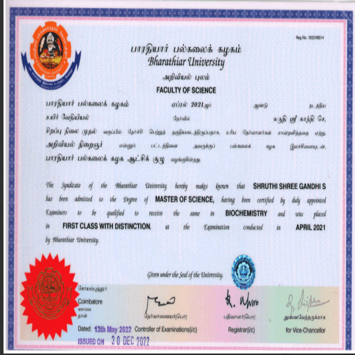 Shruthi graduated from Sri Ramakrishna College of Arts and Science for Women