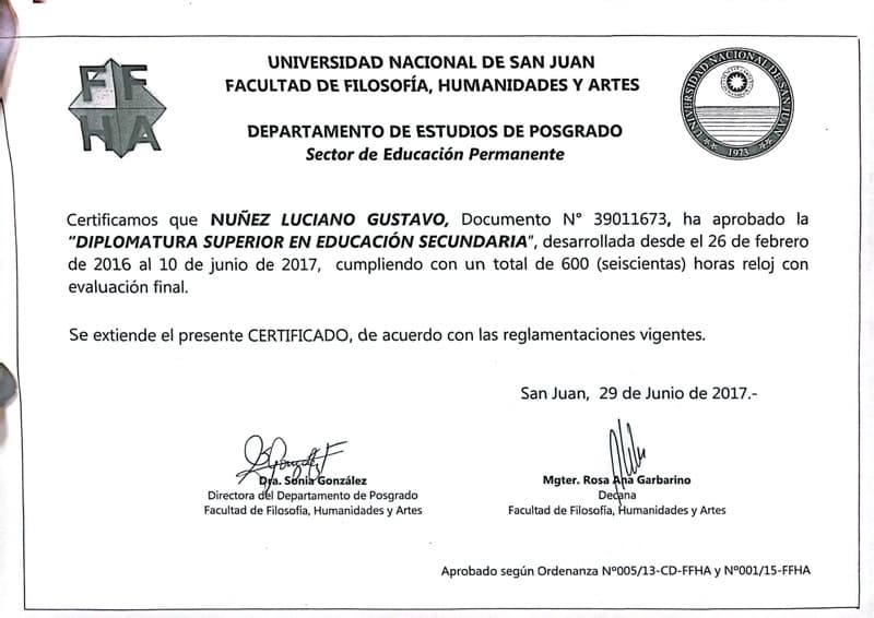 Luciano graduated from National University of San Juan – Faculty of Philosophy, Humanities and Arts