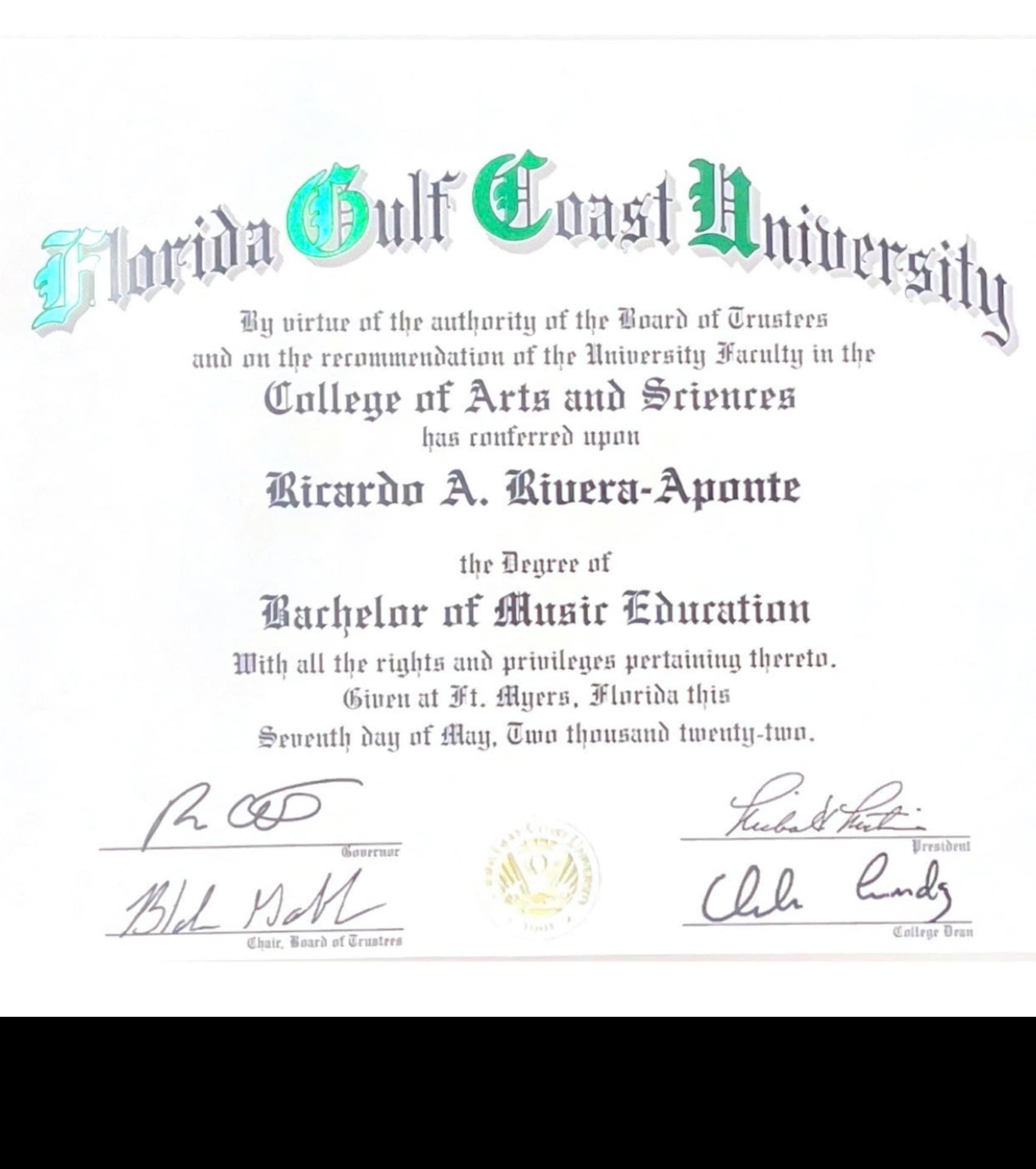 Ricardo graduated from Florida Gulf Coast University