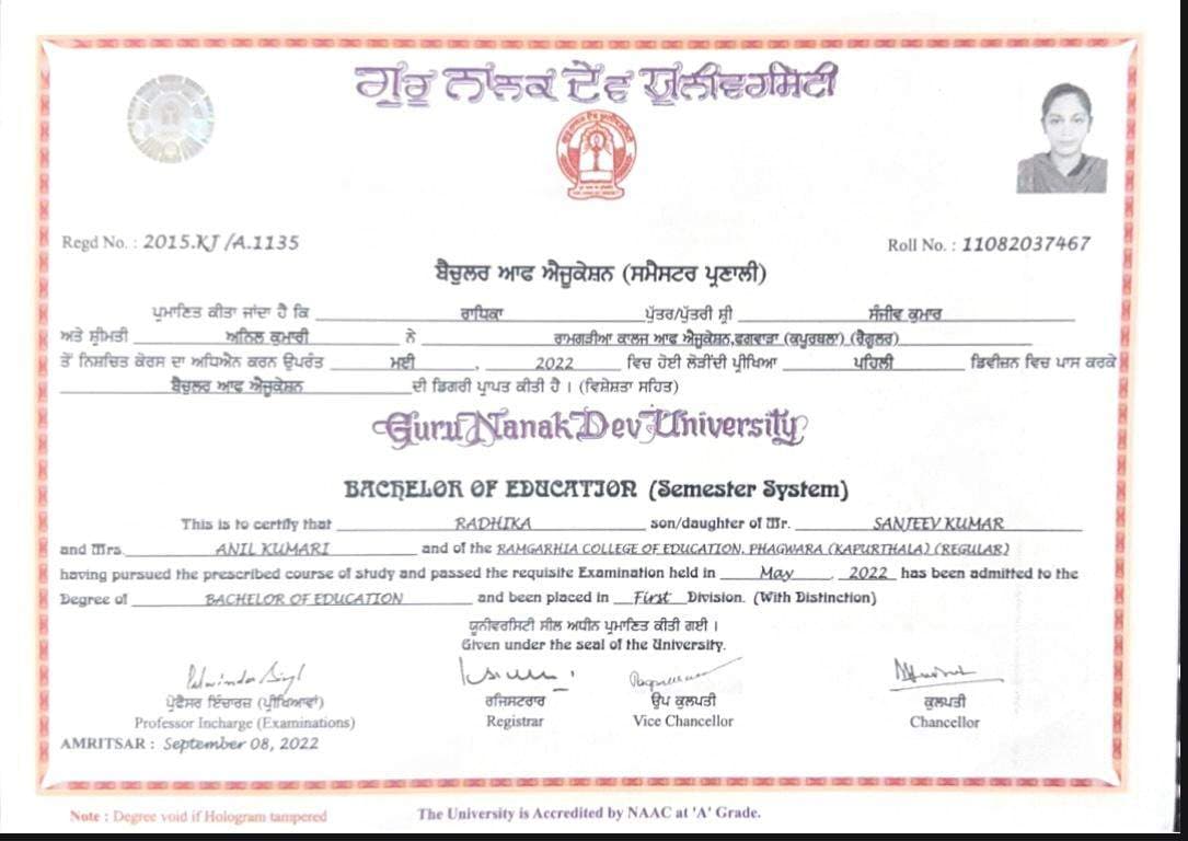 Radhika graduated from Guru Nanak Dev University