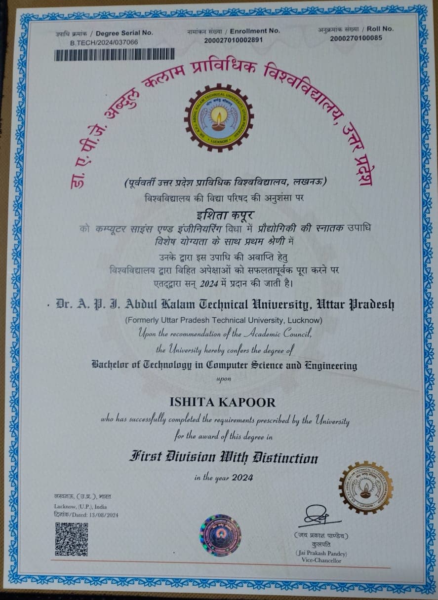 Ishita graduated from Ajay Kumar Garg Engineering College