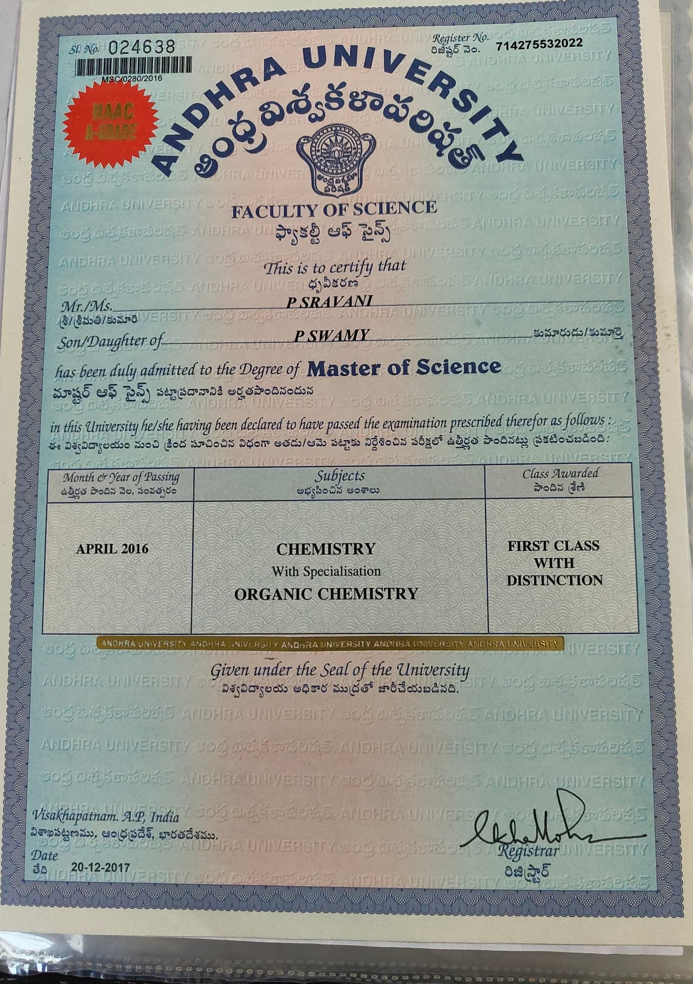 Sravani graduated from Andhra university