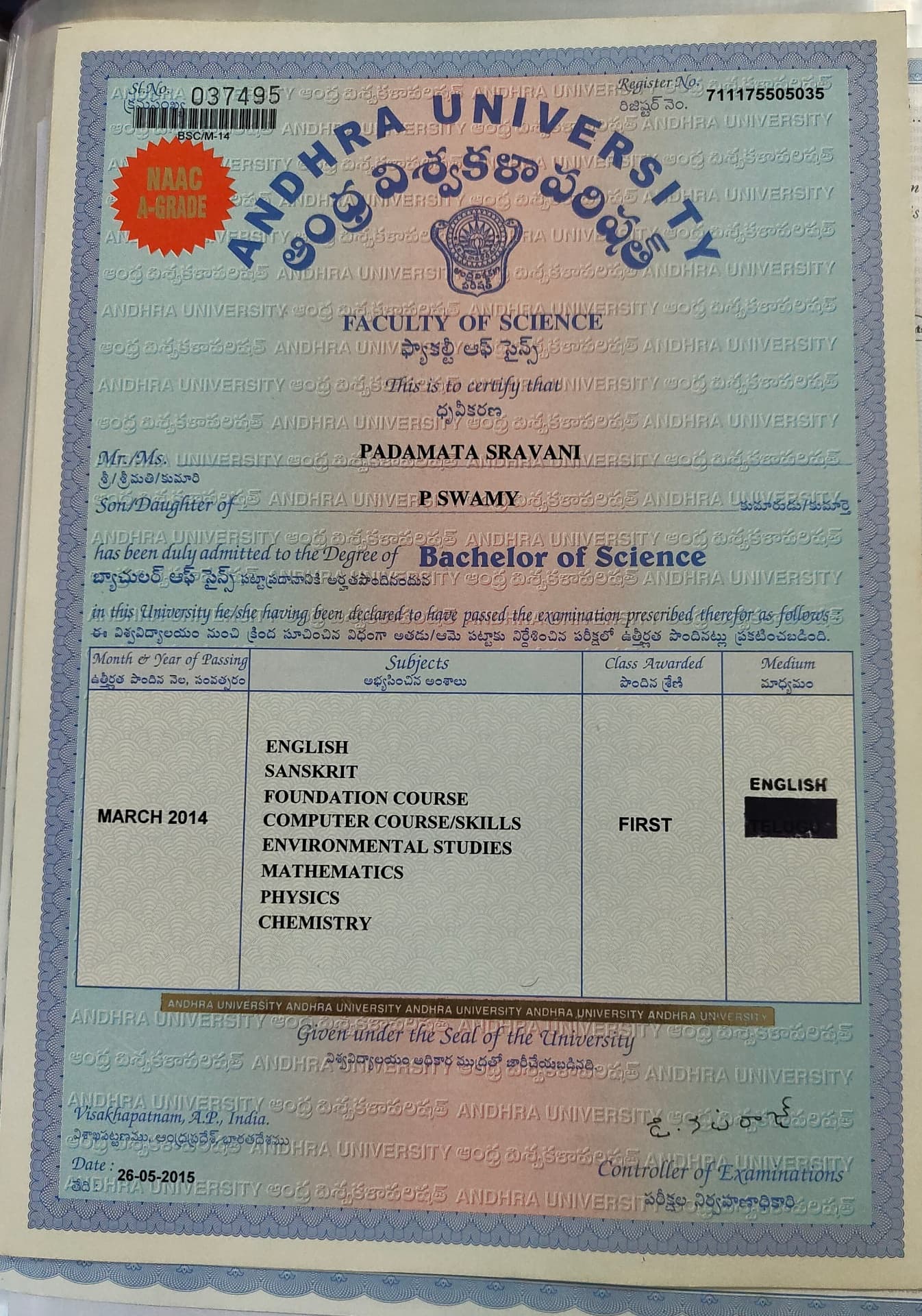 Sravani graduated from Andhra university