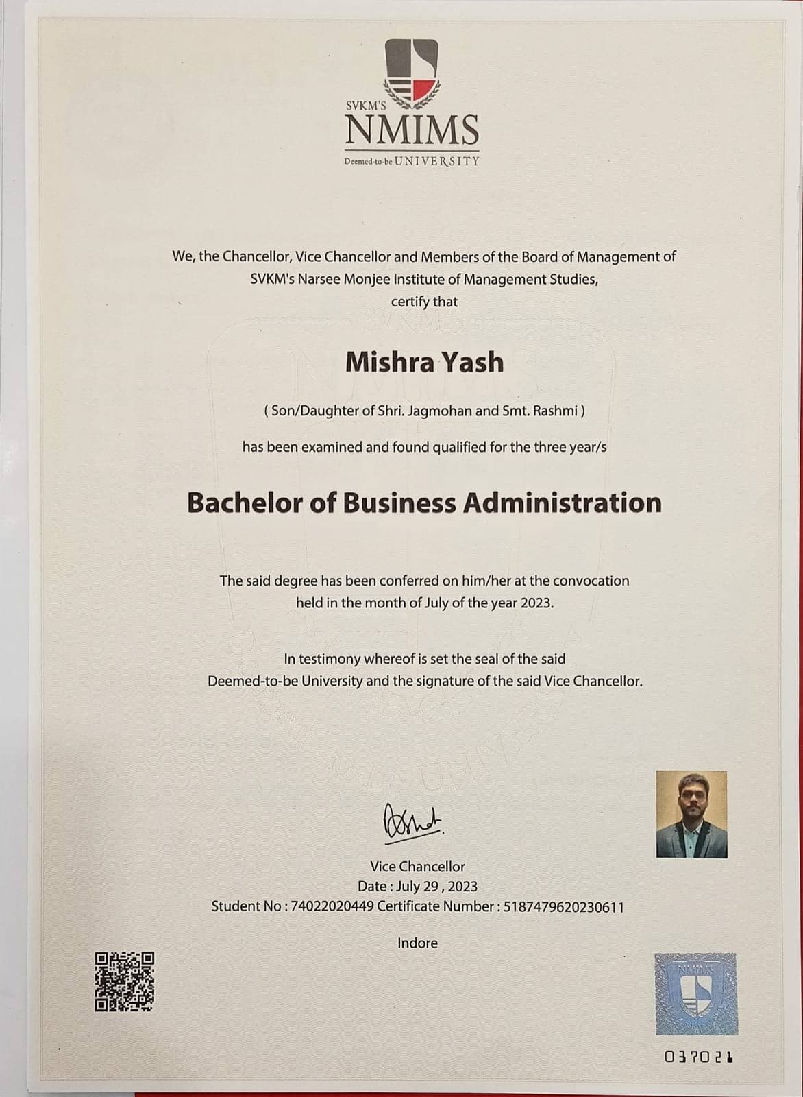 Yash graduated from Narsee Monjee Institute of Management Studies (NMIMS)