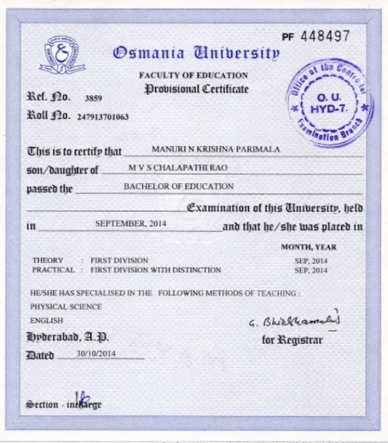 Parimala graduated from Osmania