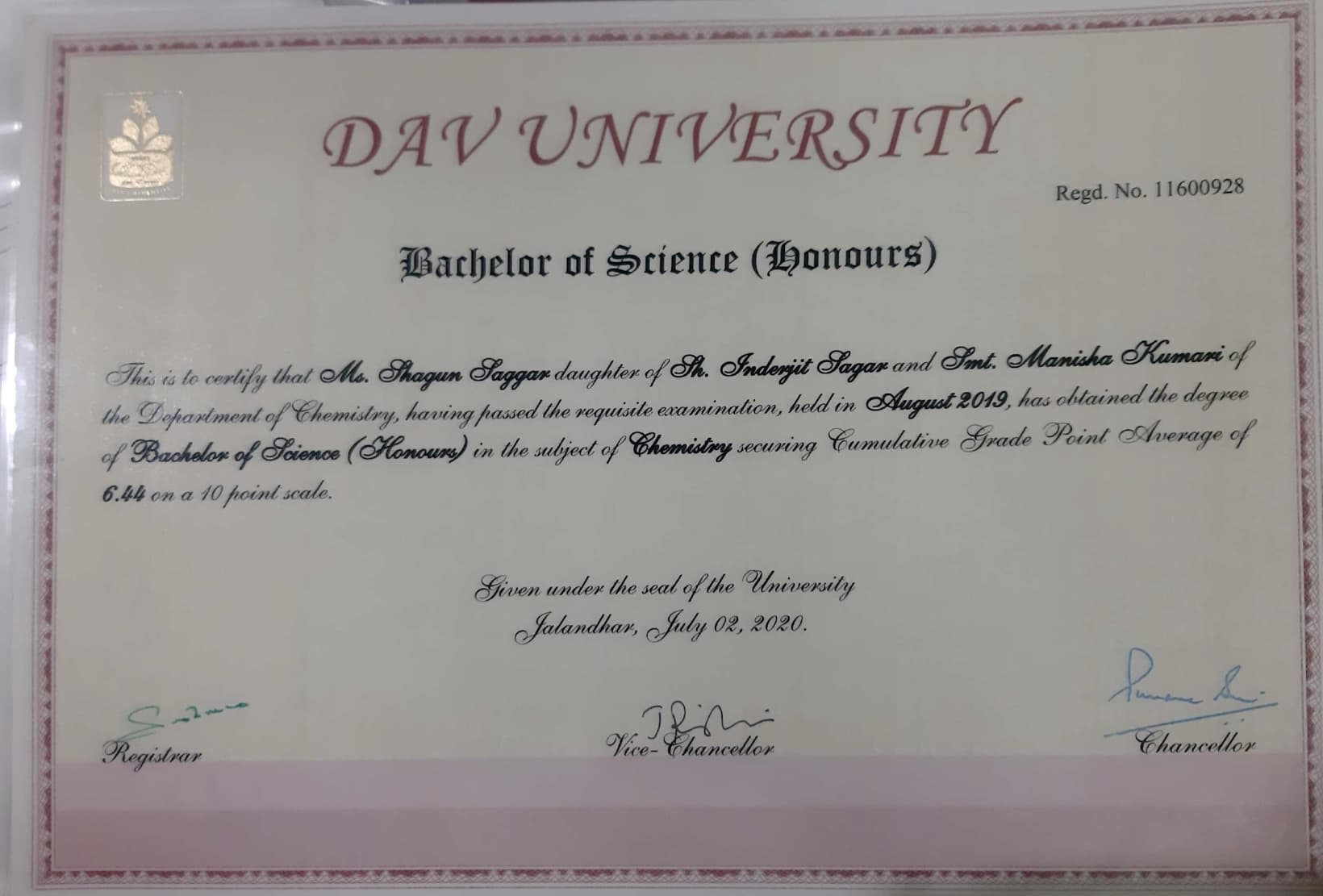 Shagun graduated from DAV University