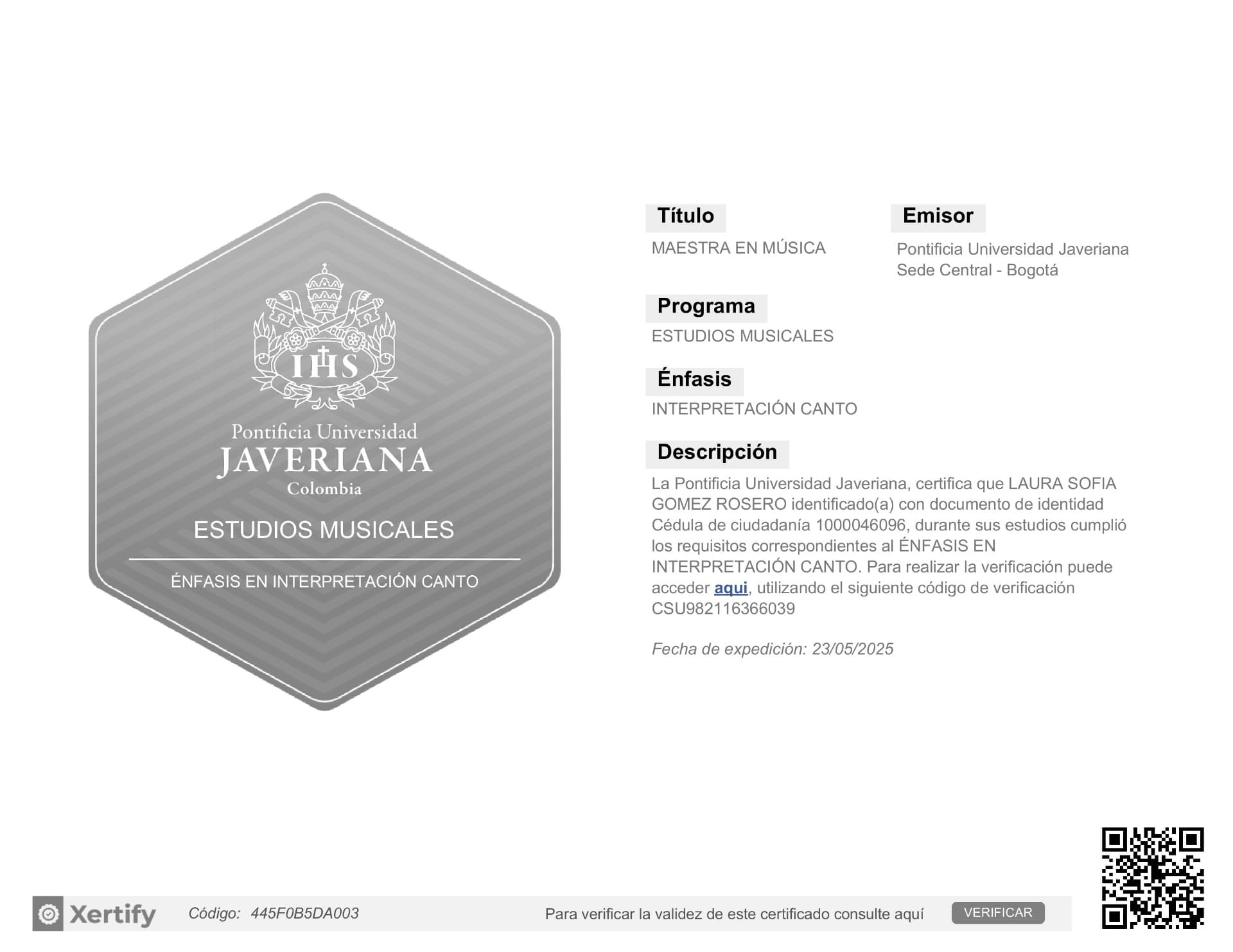 Sofía graduated from Pontificia Universidad Javeriana