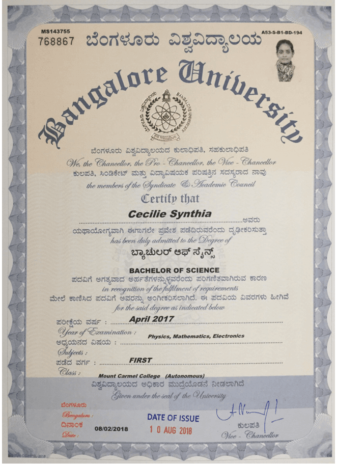 Cecilie graduated from Bangalore University