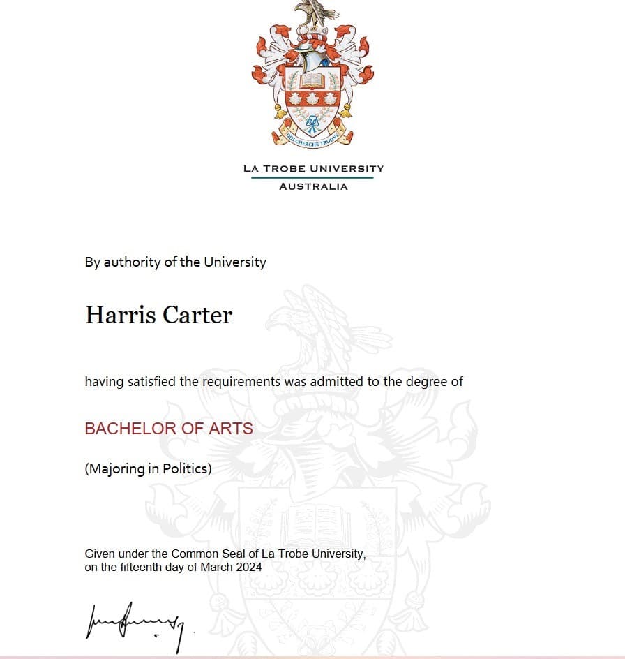 Harris graduated from La Trobe University