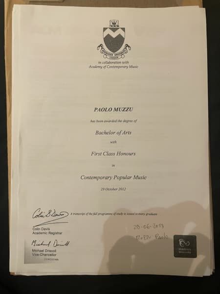 Paolo graduated from Music Academy 2000 Bologna