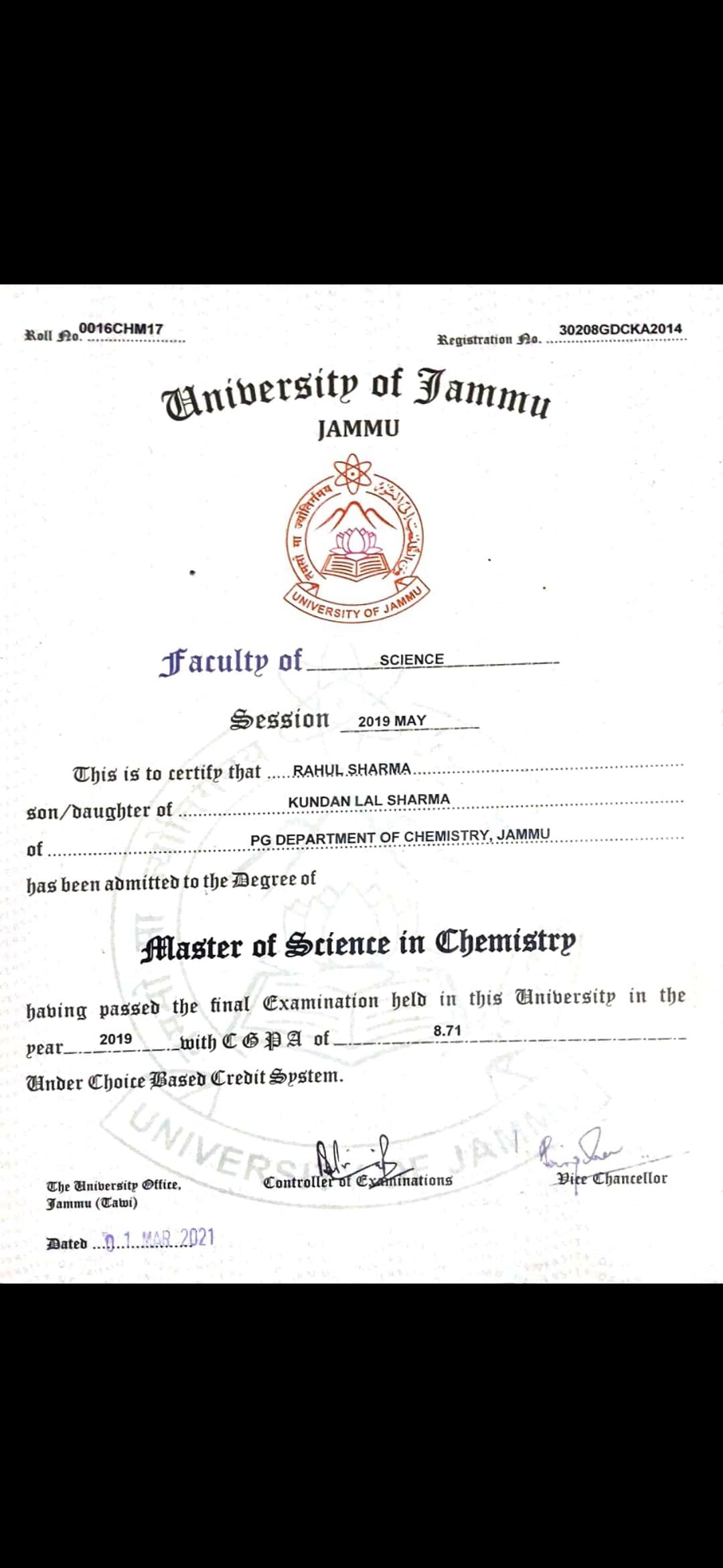 RAHUL graduated from UNIVERSITY OF JAMMU