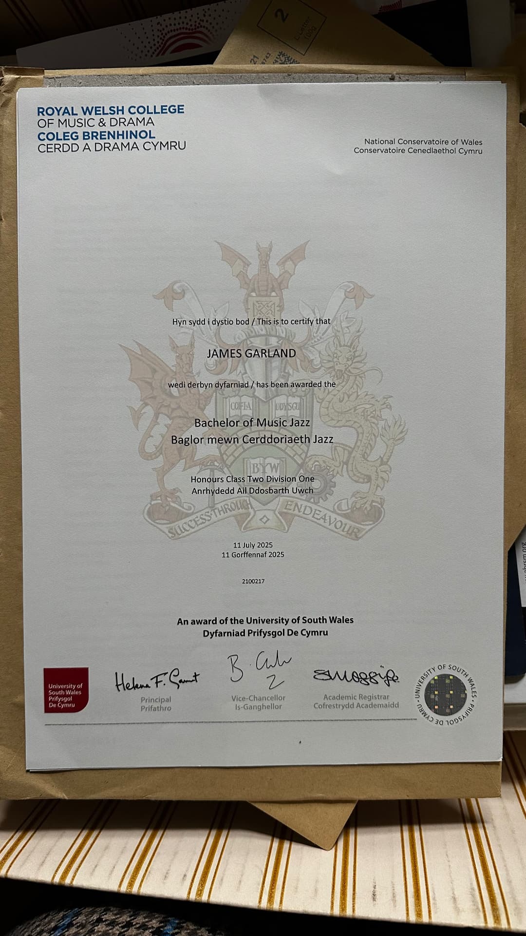 James graduated from Royal Welsh College of Music and Drama