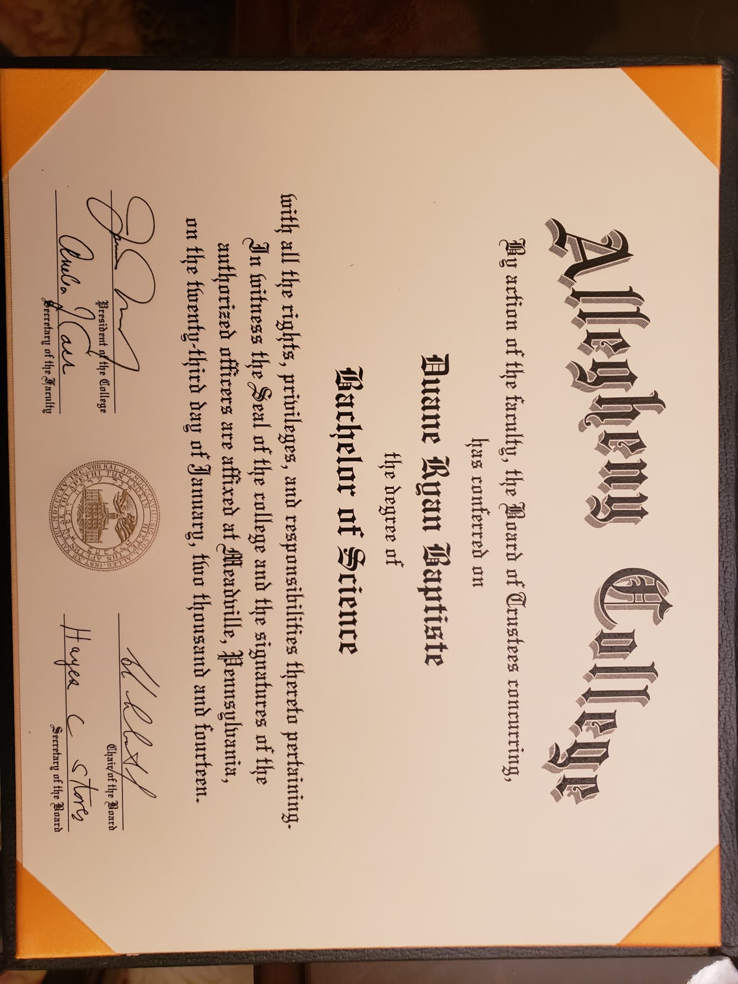 Duane graduated from Allegheny College