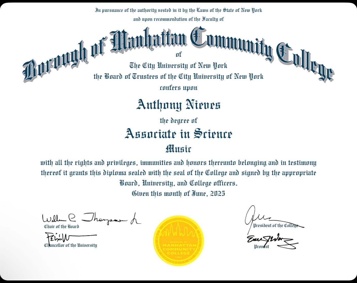 Anthony graduated from BMCC (2 year)