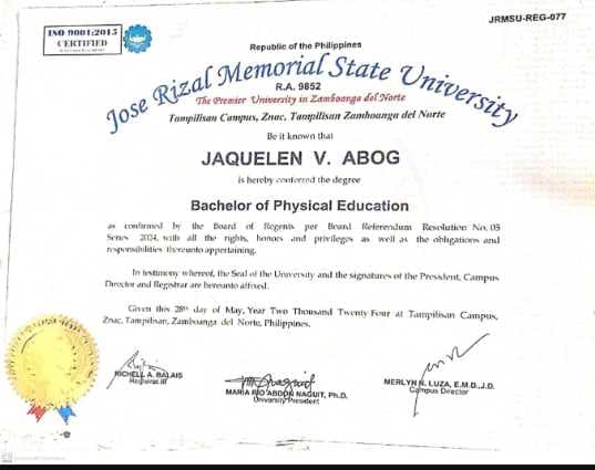 Jaquelen graduated from JOSE RIZAL MEMORIAL STATE UNIVERSITY -TAMPILISAN CAMPUS