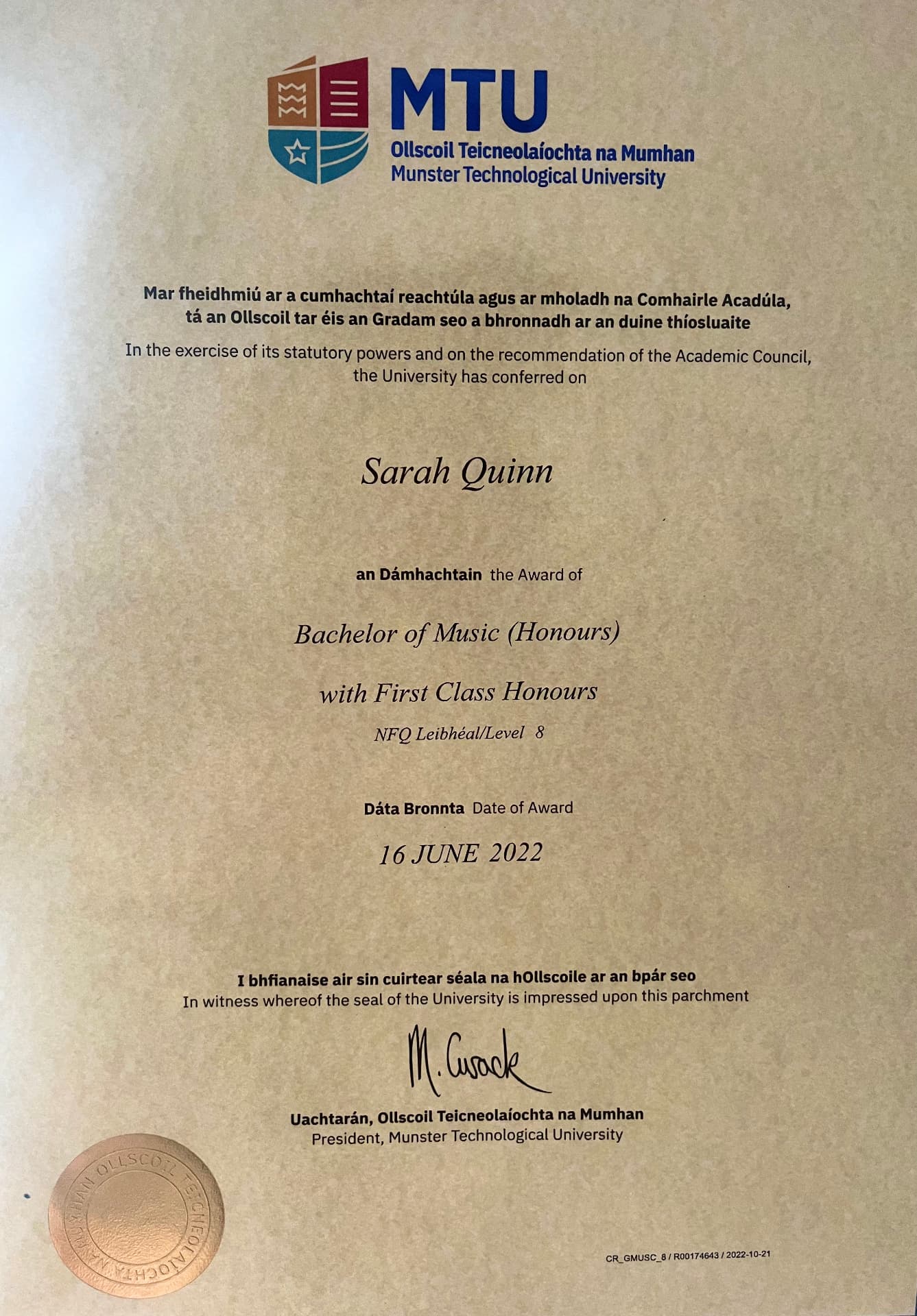 Sarah K graduated from Cork School of Music, MTU