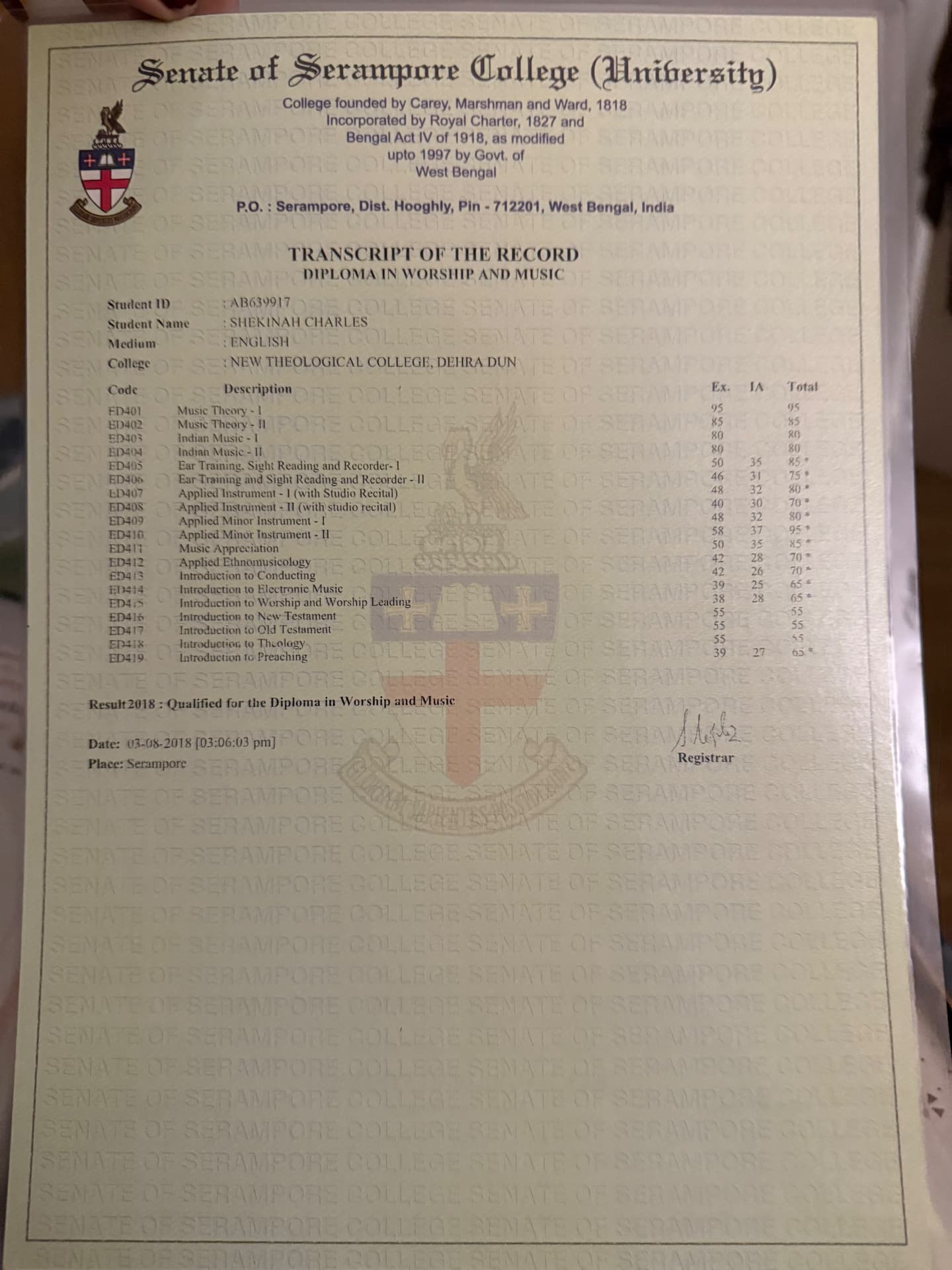 Shekinah graduated from Senate of Serampore college