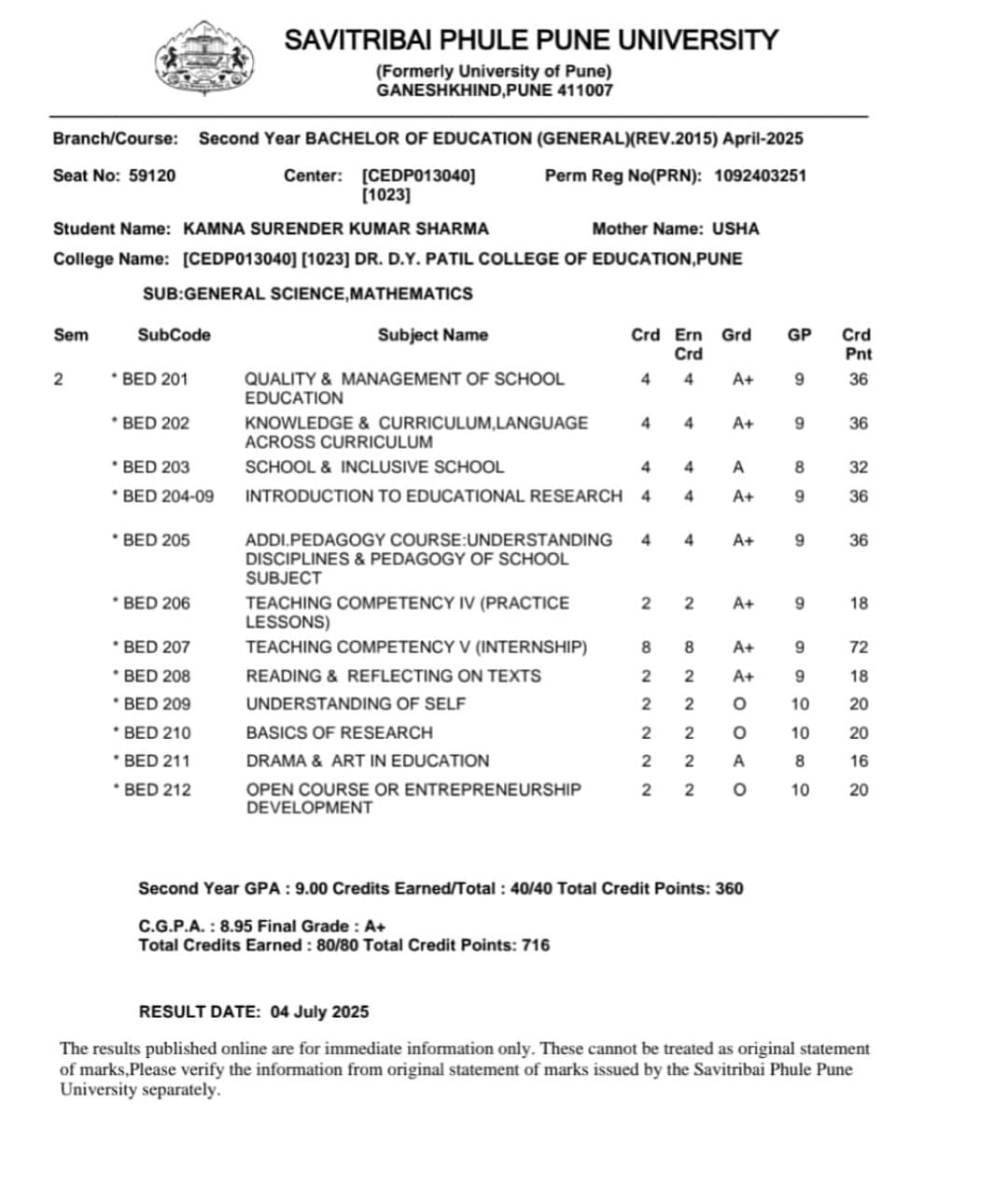Kamna graduated from Pune University