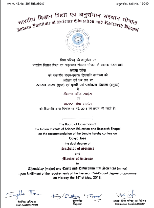 Cavya graduated from IISER Bhopal