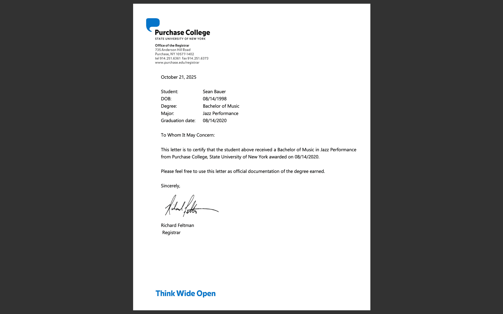 Sean graduated from Purchase College